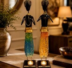 Handcrafted Tribal Figurine Mirror Mosaic Musicians Set of 2 Decor